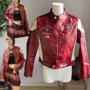 Red Faux Leather Racing Biker Jacket Cropped S